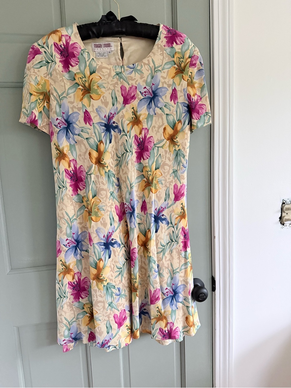 Vintage Maggy London Cream Dress with Pink, Blue & Teal Floral Accents
